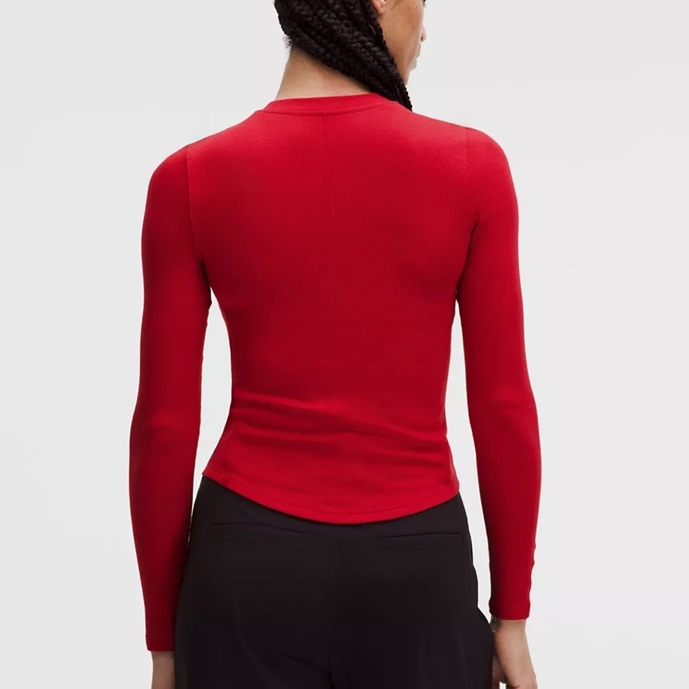Lululemon Red Ribbed Hold Tight Long Sleeve Henley Top - Picture 3 of 11